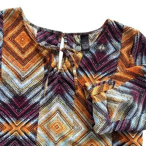 BKE Boutique Women's M Orange Purple Geometric Print 3/4 Roll Tab Sleeves Blouse
